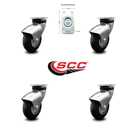 Service Caster 3 Inch Bright Chrome Hooded Neoprene Rubber Top Plate Casters SCC, 4PK SCC-03S310-NPRB-BC-4